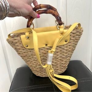 Yellow and Tan Straw Woven Bamboo Handle/Crossbody Bag